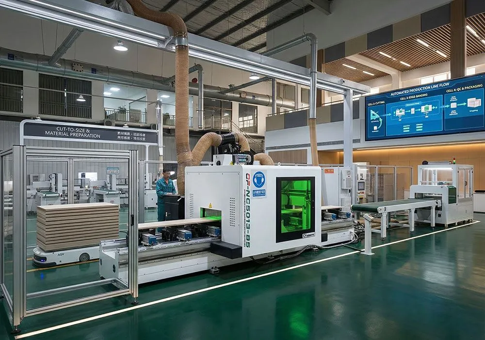 5-axis CNC machining center  - milling complex curves and joinery on solid oak panels
