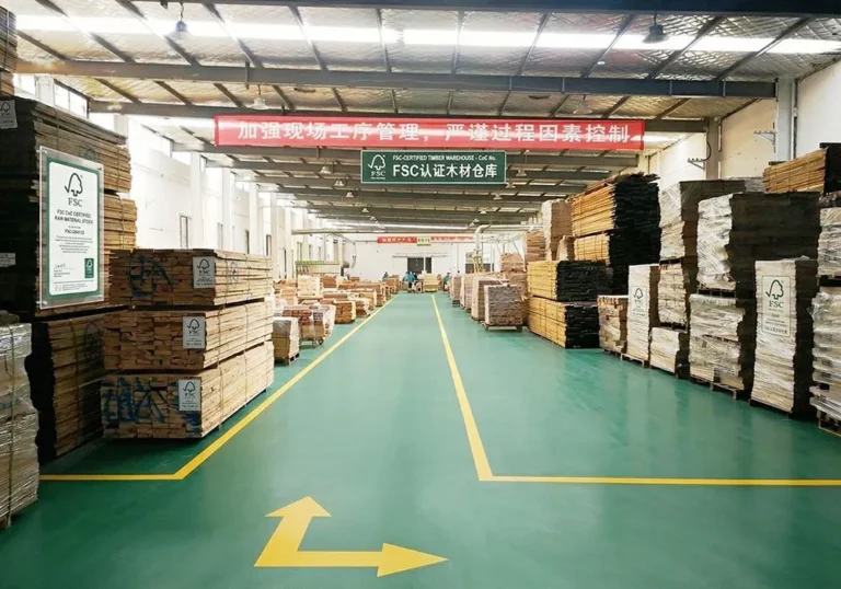 Climate-controlled timber warehouse - rows of premium imported solid wood lumber (Croatian Oak, European Beech) neatly stacked with moisture monitoring equipment