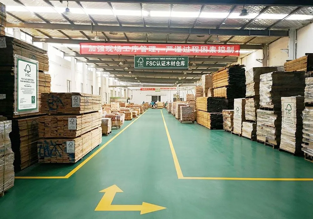 Climate-controlled timber warehouse - rows of premium imported solid wood lumber (Croatian Oak, European Beech) neatly stacked with moisture monitoring equipment