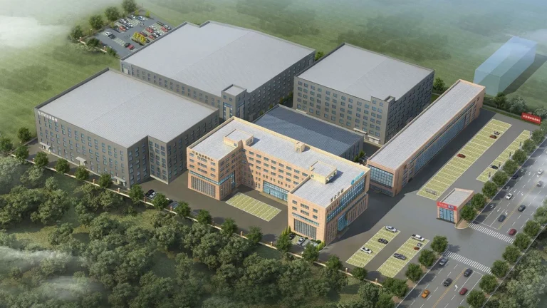 HUAYI Furniture headquarters and production campus in Qingdao - modern industrial buildings with landscaped grounds