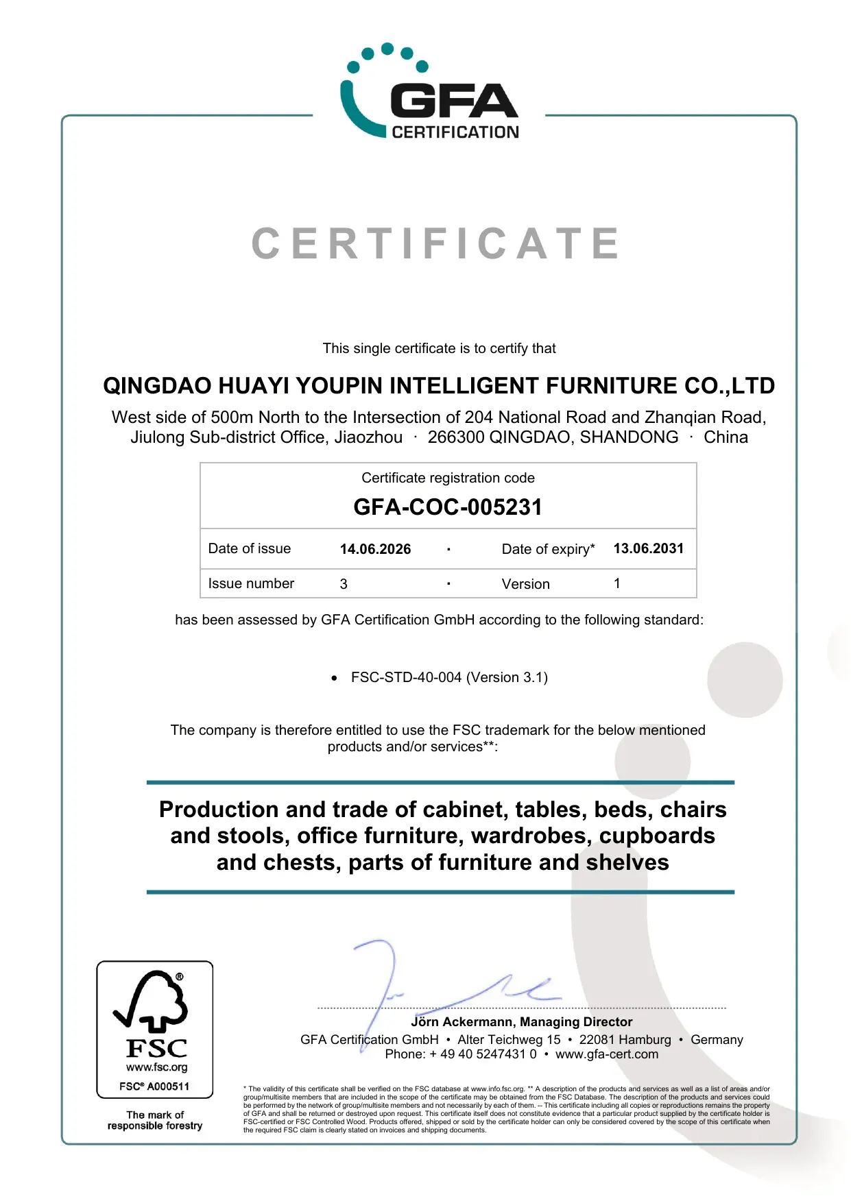 HUAYI FSC Chain of Custody Certificate valid until 13 June 2031